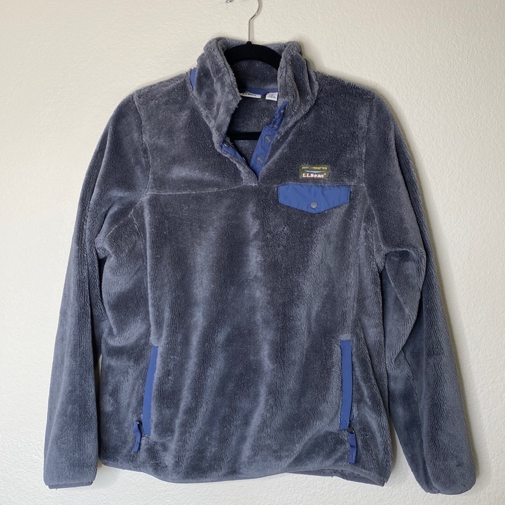 LL Bean hi-pile fleece pullover jacket women’s medium grey fuzzy EUC - Picture 1 of 6